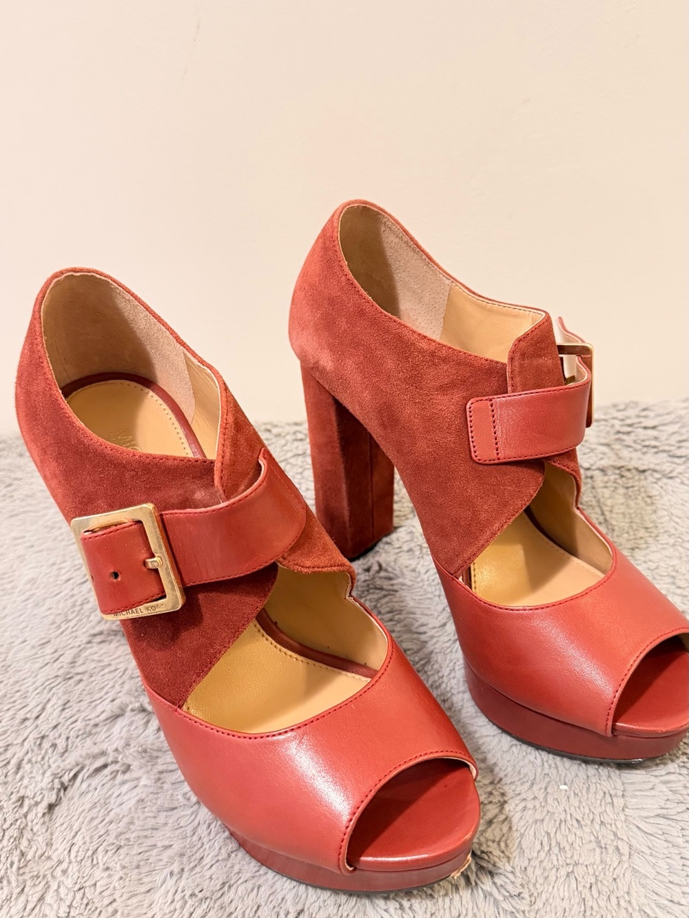 Michael Kors Terracotta Suede & Leather Platform Heels with Buckle